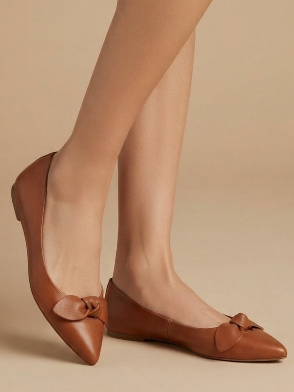 Madewell Leather Pointed Toe Bow Ballet Flats Brown Cognac Size 9.5 Excellent